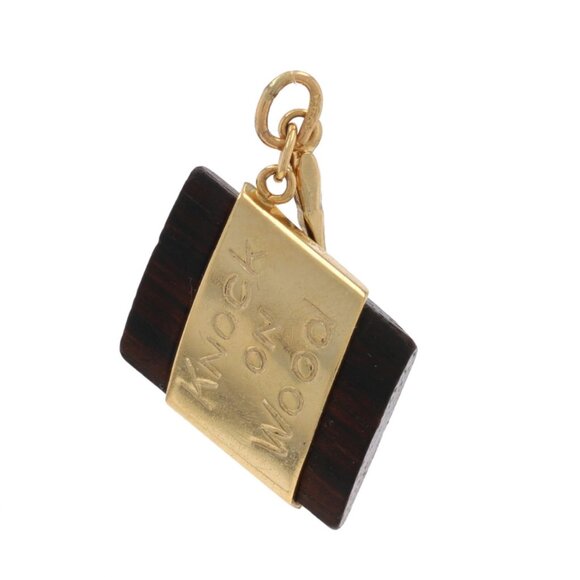 Yellow Gold Knock on Wood Charm - 14k Wooden Block & Gavel - Picture 2 of 5